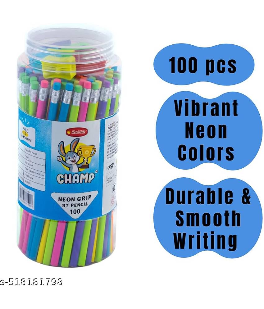 Rabbit Champ Neon Pencils Jar – 100 Pcs + 5 Free Sharpeners | Hexagonal Easy-Grip | Rubber Tip for Smooth Writing | Neon Pencils  | Perfect for School & Office