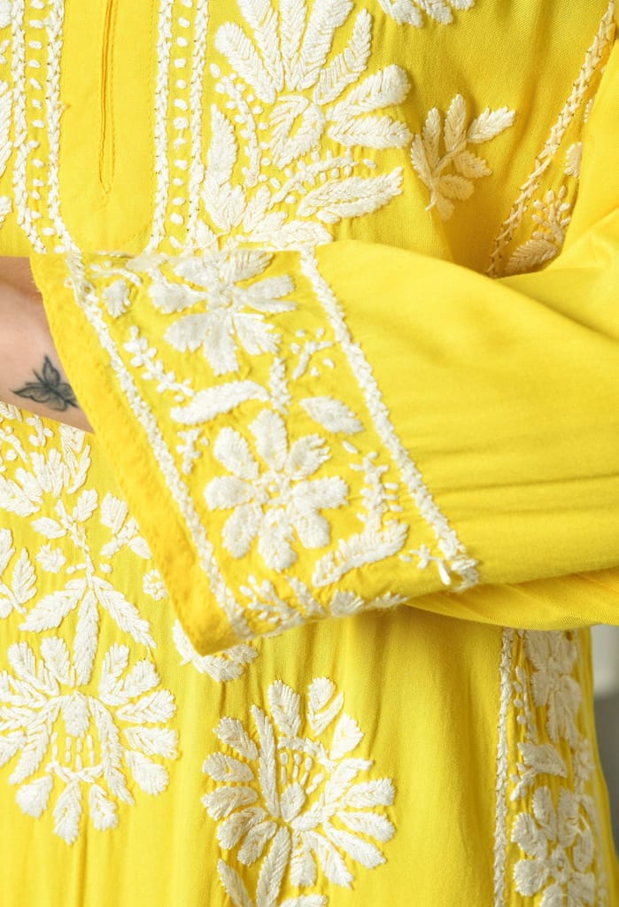 Sunshine Yellow Modal Hand-Embroidered Chikankari Kurta with Elegant White Floral Design