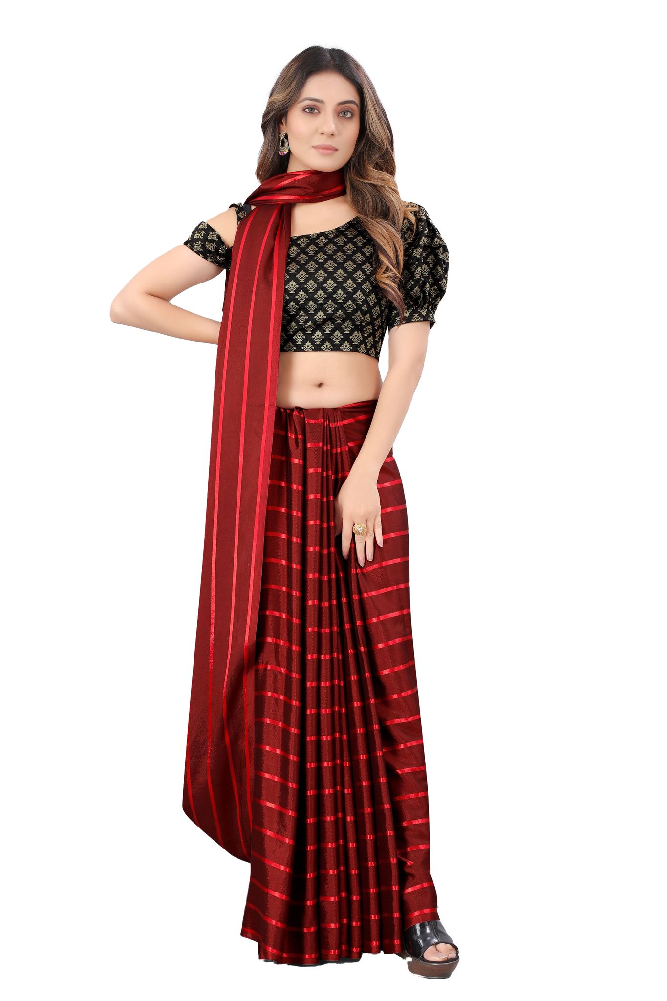 Generic Women's Satin Silk Saree with Blouse (Red, 5 - 6 Mtrs)