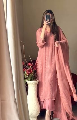 Ethenika Chinon Thread Embroidery Chikankari Work Kurti Pant Dupatta Set (Stitched)-Pink / M(38)