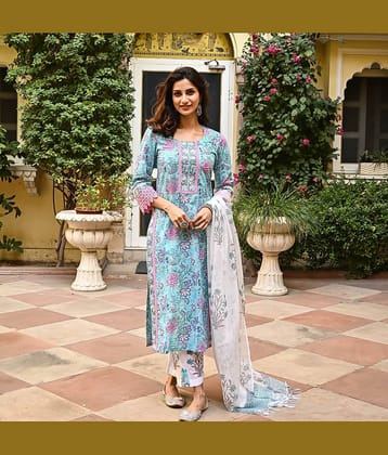 Royal Export Pack of 1 Cotton Blend Printed Straight Women's Kurti with Dupatta - ( Blue )