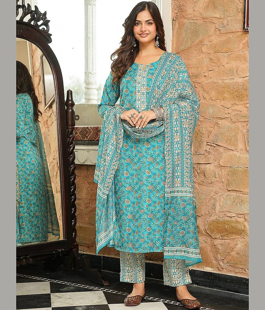 Vaamsi Women Cotton Blend Printed Straight Kurti With Pants ( Turquoise )