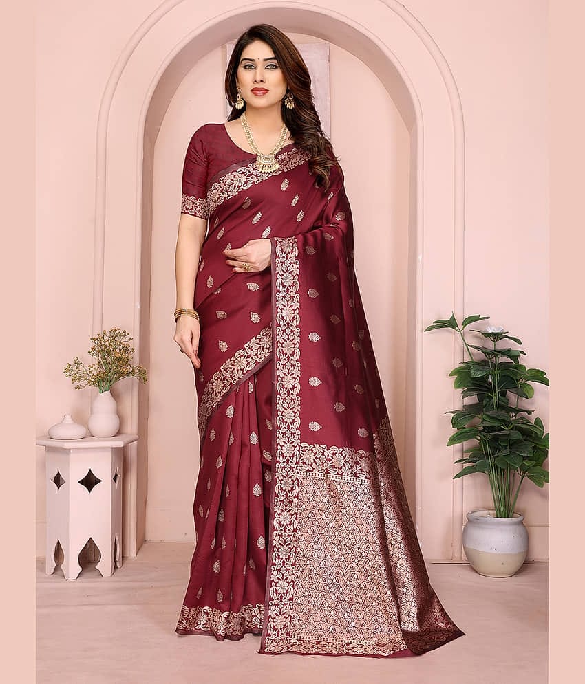 HEMA SILK MILLS Silk Printed Regular Saree With Unstitched Blouse Piece ( Maroon )