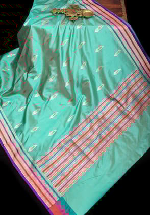Pastel Aqua Pure Banarasi Katan Silk Saree with Meenakari Buttas and Multicolor Border | SILK MARK CERTIFIED