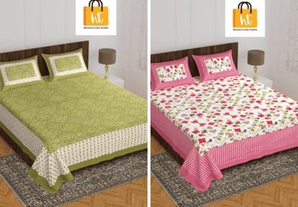 2201-Hometrade India- Standard Double Size (90*100 in )-Combo Jaipuri Double bedsheet With Matching Pillow Cover