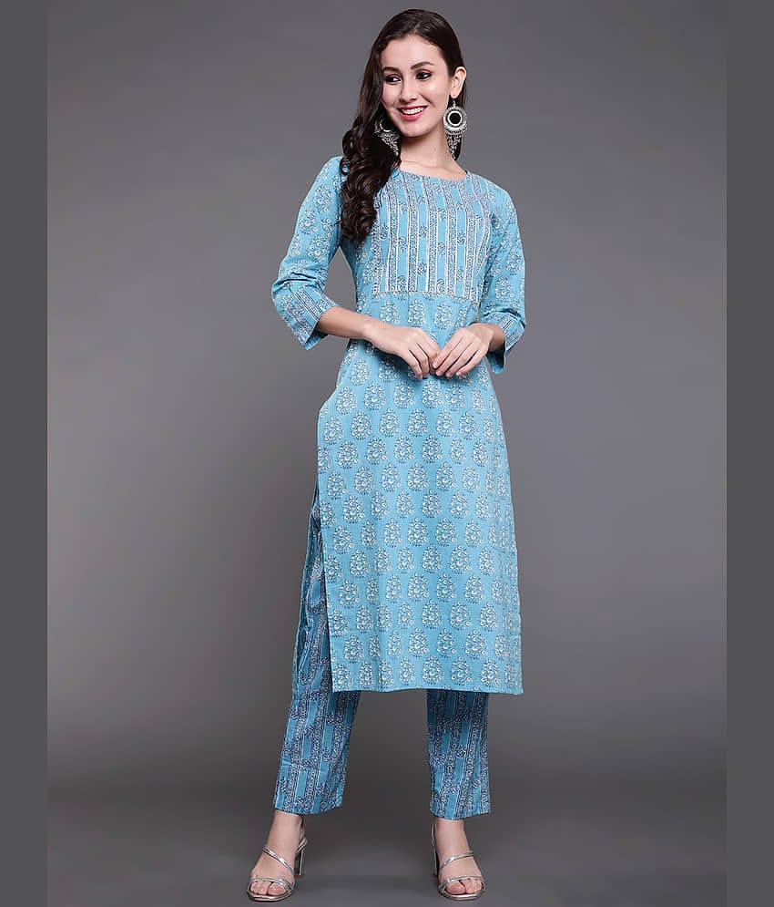 Antaran Cotton Printed Kurti With Pants Women's Stitched Salwar Suit - Blue ( Pack of 1 )