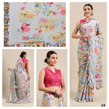 Grey Color Mirror Ruffle Mosh Silk Saree.
