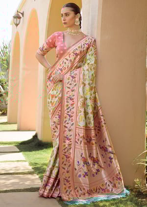 Off White And Pink Woven Paithani Silk Saree