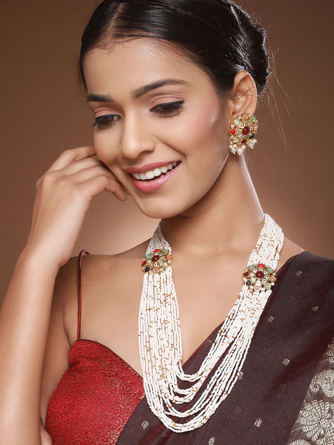 Nav Ratan Kundan Studded Pearl Beaded Haram Layered Royal Jewellery Set