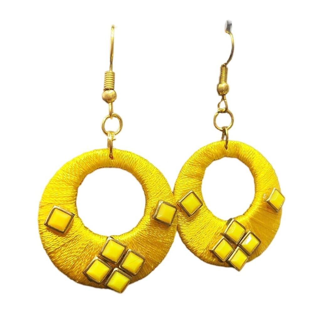 Yellow Silk Thread Hoop Earrings with Rhinestones
