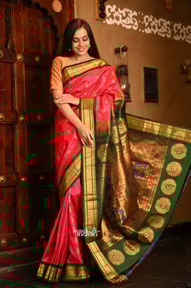 Rajsi~ Pure Silk Handloom - Maharani Paithani Bright Pink color with a broad  Green Border and Golden Motifs
