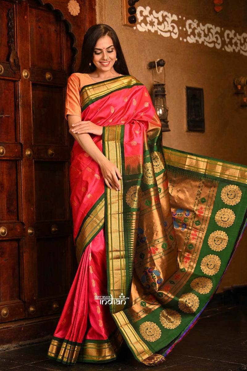 Rajsi~ Pure Silk Handloom - Maharani Paithani Bright Pink color with a broad  Green Border and Golden Motifs