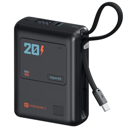 Portronics Aqua 65, 20000mAh Battery, LED Display, Type C in Built Cable, For Smartphone, Laptops & Tablets