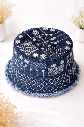 Le Mom'Zart Hand Embroidered Denim Bucket Hat (Free Size) | Hand-embroidered | Casual Summer Wear