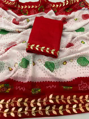 New Festive Wear Bandhej Print With Gota Patti Lace Work Fancy Designer Saree With Blouse-White-Red