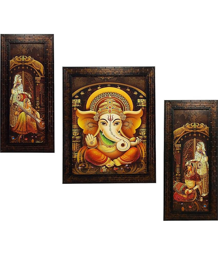 Indianara Lord Ganesha Wood Painting With Frame Set of 3