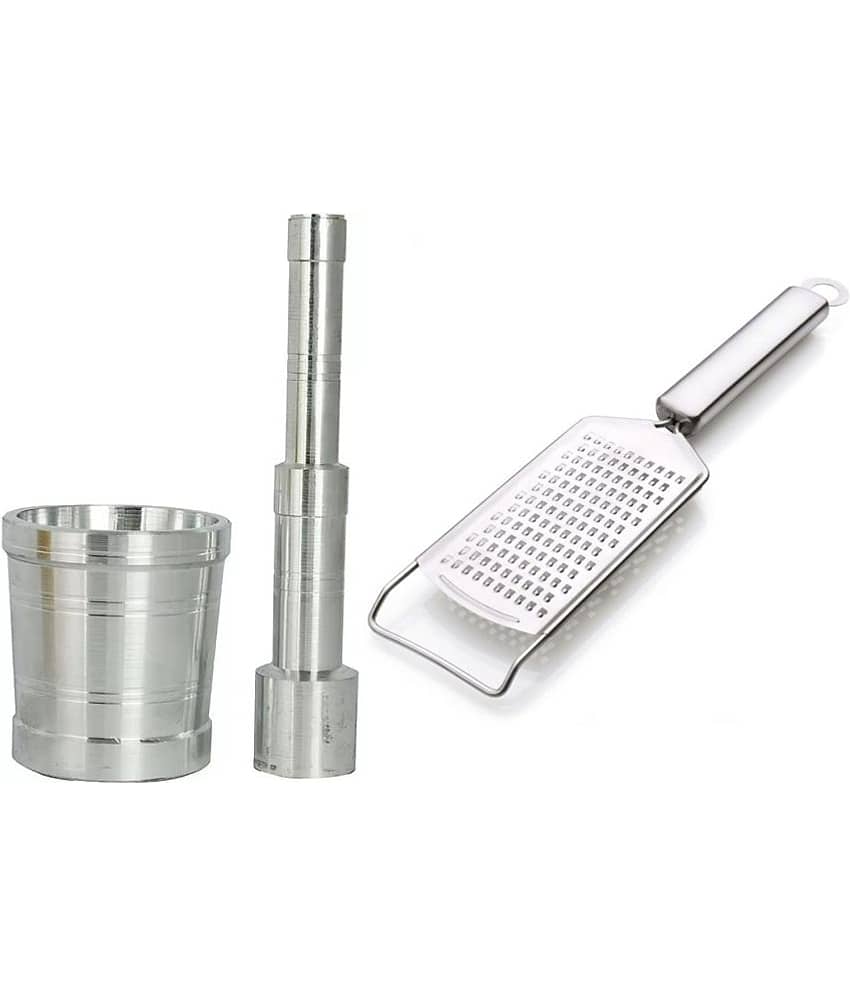 Analog Kitchenware Silver Stainless Steel Cheese/Garlic Grater+Mortal & Pestal/Khalbatta ( Set of 2 )