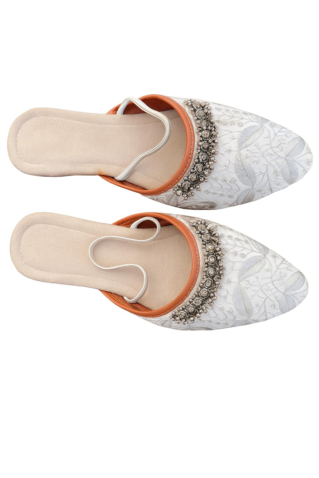 Bridal Flats with Silver jooti Embroidery, Crystal Beaded Detail, White Wedding Shoes
