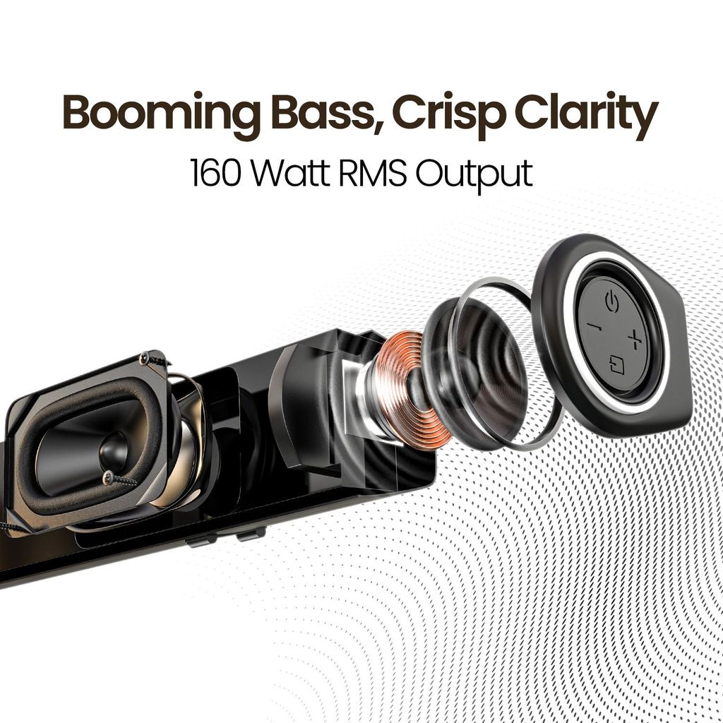 CELLECOR CBS-01 TUNEBAR 2.1 Channel Soundbar with 160W RMS Output, 80W Subwoofer, Bluetooth 5.3 & Matte Black Metal Grill - Black