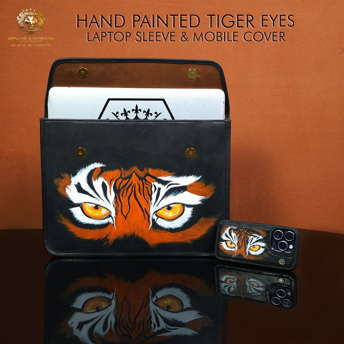 Personalized Combo of Laptop Sleeves & Mobile Cover with Hand-Painted Tiger Eyes-FS / 14Plus