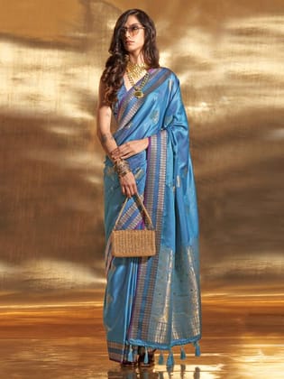 Water Blue Woven Bollywood Satin Silk Blend Saree