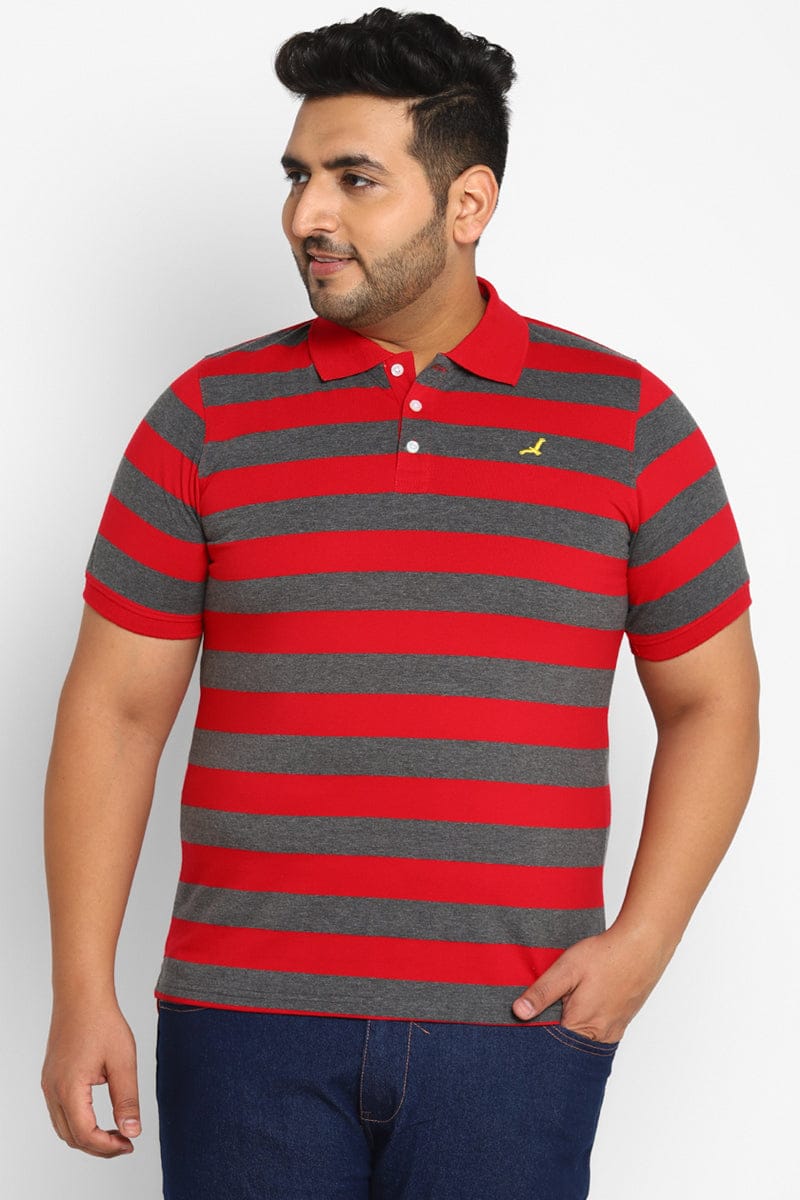 Men's Plus Size Polo Collar Yarn Dyed Striped T-Shirt - Red / Charcoal-XXL / Red & Charcoal