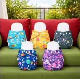 Printed reusable diaper pack of 5 with quick dry technology leakproof layers adjustable waist snaps soft inner comfort active babies