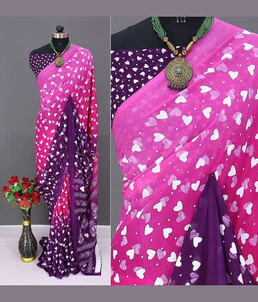 Rekha Maniyar Georgette Printed Saree With Unstitched Blouse Piece ( Pink )