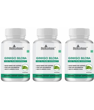 Herbs Library Ginkgo Biloba for Better Concentration, Memory & Learning 60 Capsules Each (Pack of 3)