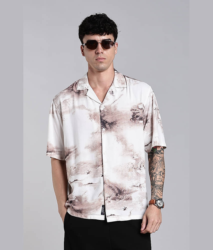 Paul Street Rayon Boxy Printed Half Sleeves Cuban Collar Men's Casual Shirt (Beige)