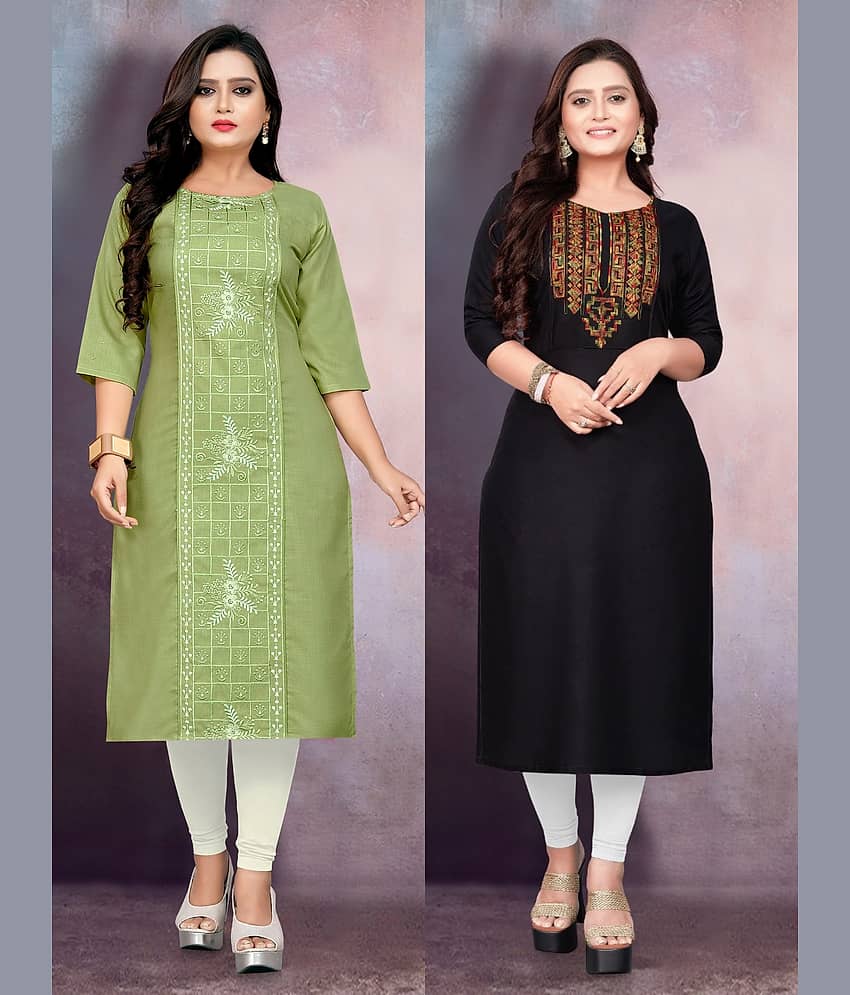 RIAANA Women Cotton Blend Embroidered Straight Kurti ( Multicolor )