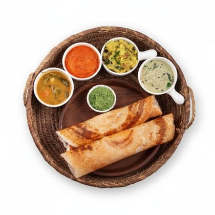 Traditional South Indian Dosa Platter - 250 gm - One serving tray with two dosas and accompaniments