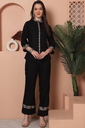 Black Floral Embroidered Viscose Rayon Co-Ord Set for Women | S-3XL | Claura-S