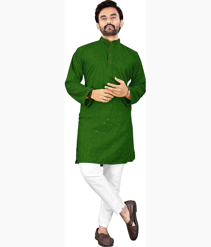 Laadli Cotton Blend Solid Regular Fit Kurta Pyjama Set For Men ( Green )