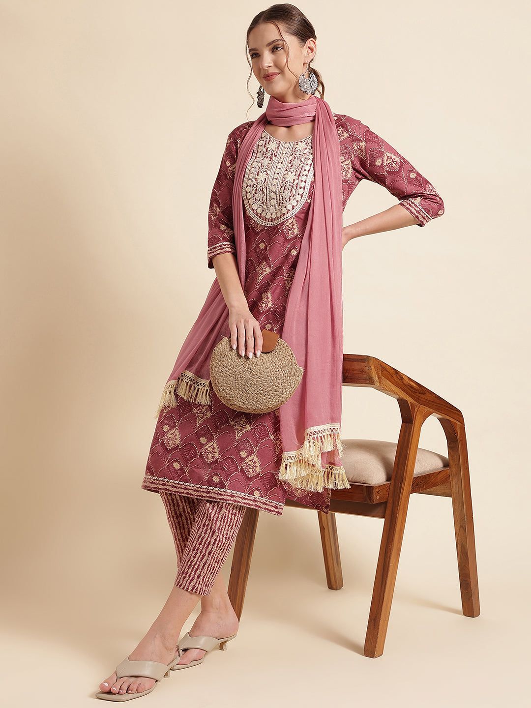 Wine Embroidered Cotton Blend Round Neck Kurta Set-S