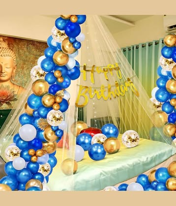 Zyozi Cabana Tent Birthday Decorations Combo | Cabana Tent for Birthday | Net Curtain For Birthday Decoration With Lights | Blue, Gold & White Balloons (Pack Of 37)