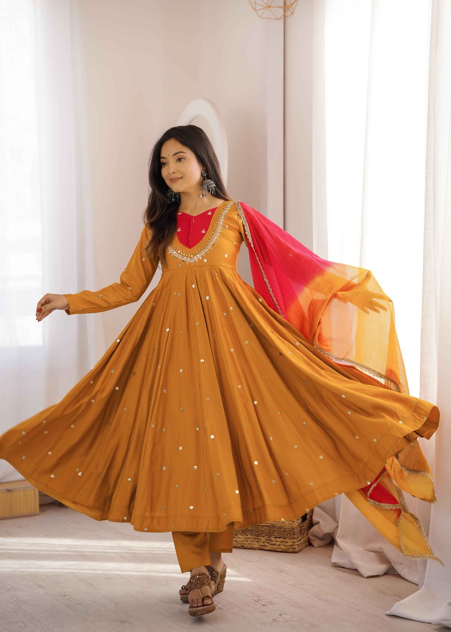 Roman Silk Mirror Anarkali Gown Set
