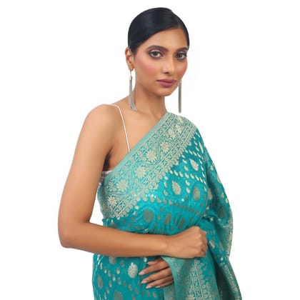 TheHangr Green Soft Georgette Banarsi Saree With Golden Work Border