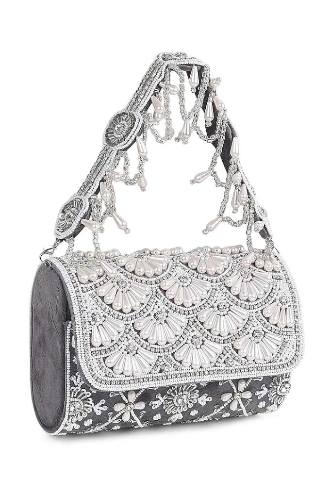 Grey Suede Pearl Embellished Flap Bag