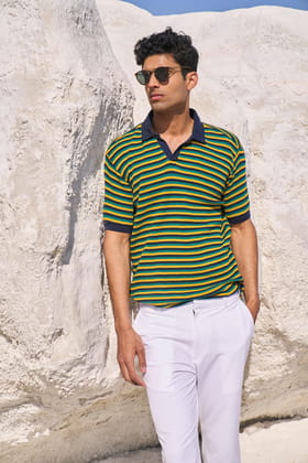STRIPE WAFFLE POLO-XL / Yellow / Green / Blue
