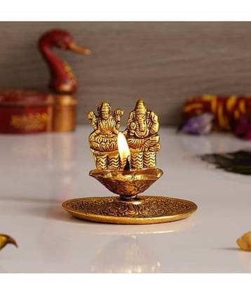 eCraftIndia Handcrafted Goddess Laxmi & Lord Ganesha Golden Metal Diya Showpiece