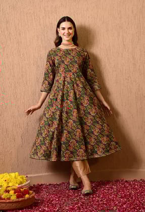 Green Floral Anarkali Kurta-S