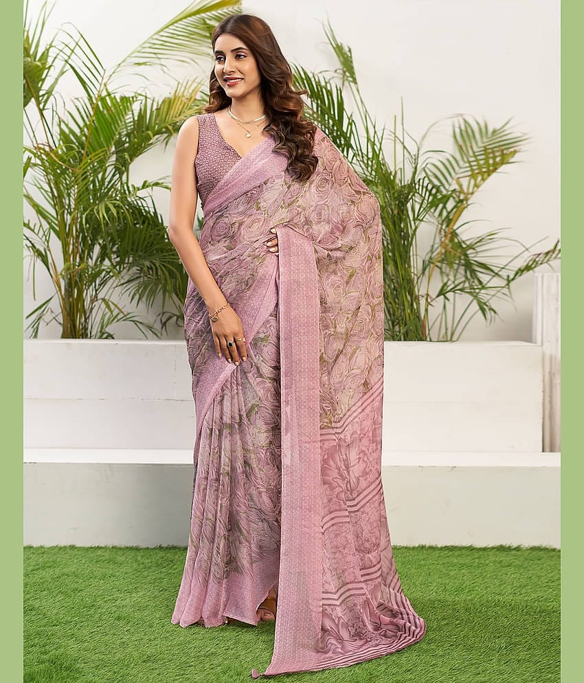 Satrani Chiffon Printed Saree With Unstitched Blouse Piece ( Pink )