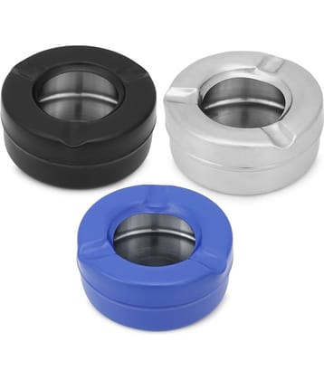 Stainless Steel Multi Color Lid Ash Tray- Black/Silver/Blue