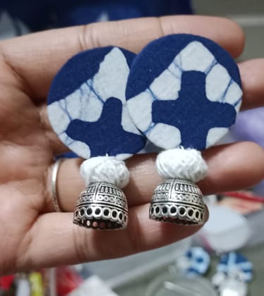 Elegant Blue and White Fabric Earrings with Silver Bell