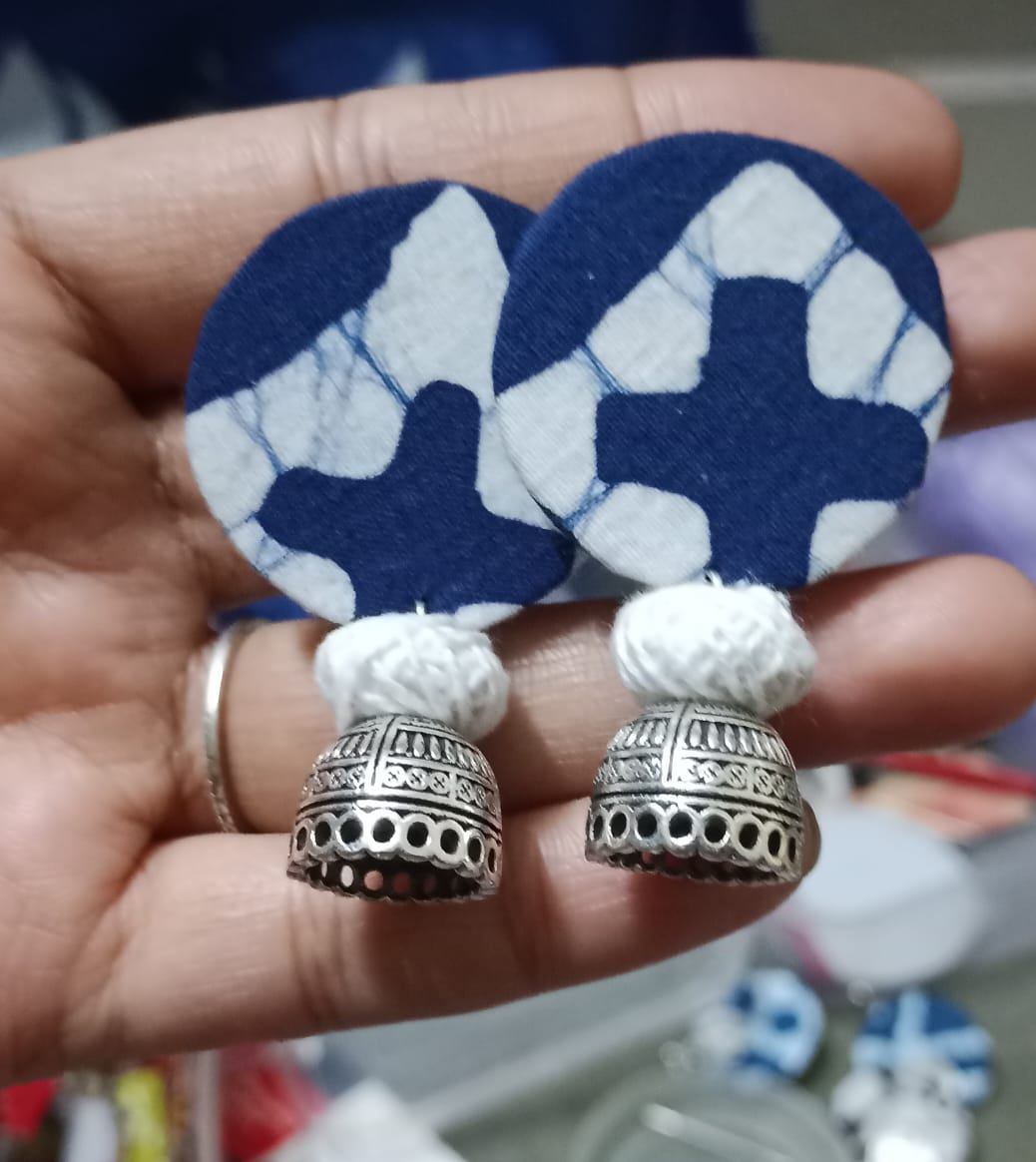 Elegant Blue and White Fabric Earrings with Silver Bell
