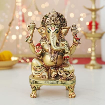 Brass Ganesh Chowki Showpiece - Divine God Idol Stand, Length : 5 Inch (BSMAS1285 G)