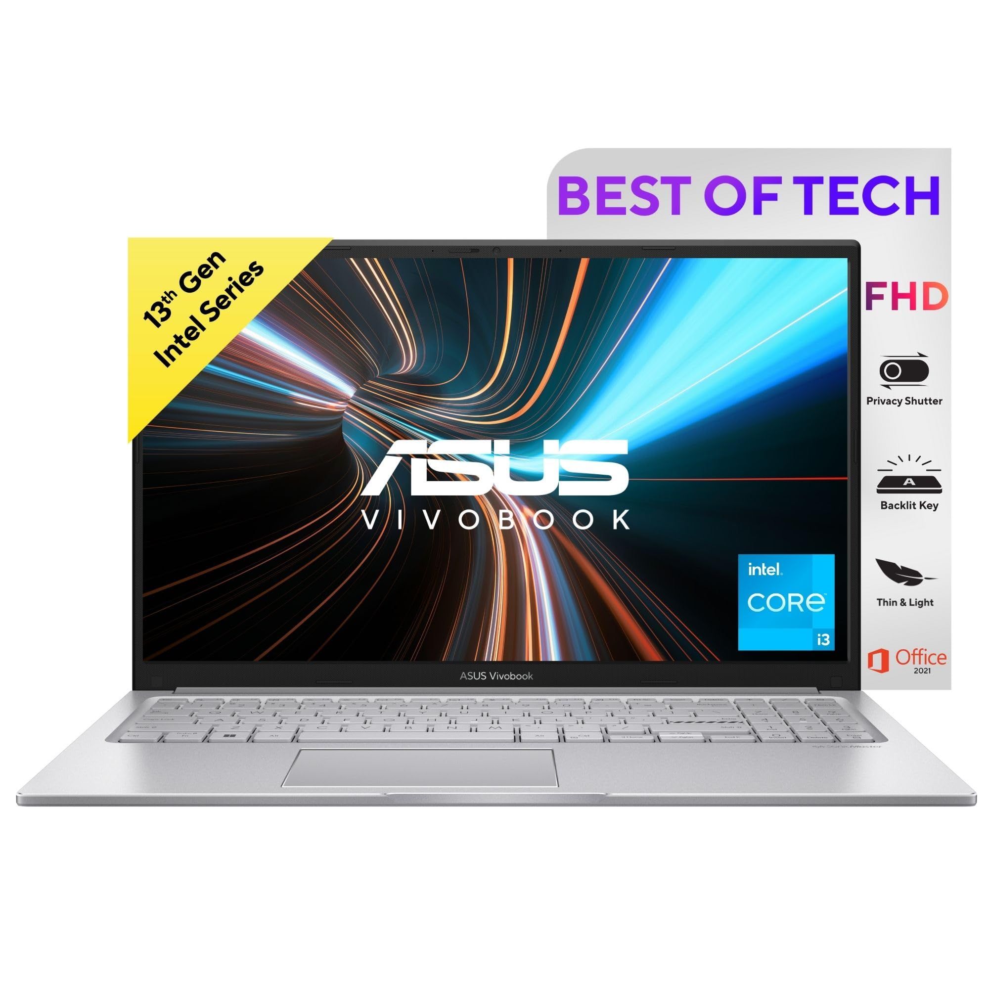 ASUS Vivobook 15, 13th Gen, Intel Core i3-1315U, 8GB RAM,512GB SSD,15.6" (39.62 cms), FHD, Windows 11,MS Office,Backlit Keyboard,Silver,1.7 kg, X1504VA-NJ320WS, Thin & Light Laptop ASUS Vivobook 15, 13th Gen, Intel Core i3-1315U, 8GB RAM,512GB SSD,15.6"