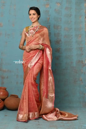 Tyohaar ~ Exclusive! Banarasi Handloom Crushed - Pure Tissue Silk Saree ~ Serene Peachy Orange ( Silk Mark Certified)