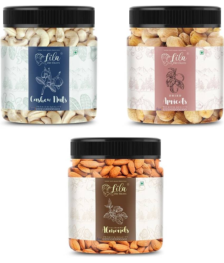 Lila Dry Fruits Cashew (500gm), Almond(500gm) & Apricot(500gm) Combo | Kaju Badam Khubani Combo